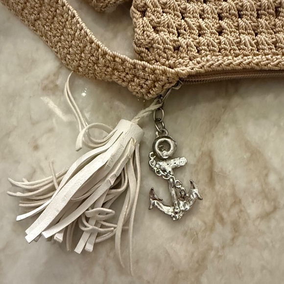 The Sak Tan Crochet Shoulder Bag With Leather Tassel Accent Boho Chic Style - Picture 4 of 7